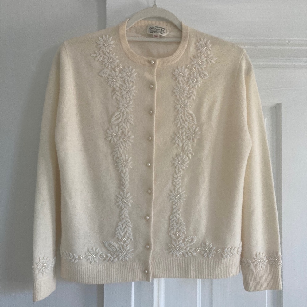 Vintage Beaded Cream Lambswool Angora Sweater, Knit Cardigan
